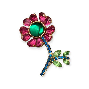 Flower Brooch Pin Pink Green Crystal Deco 0812